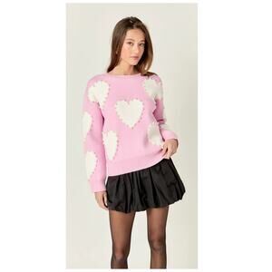 English Factory Heart Faux Pearl Embellished Crewneck Sweater Size Small